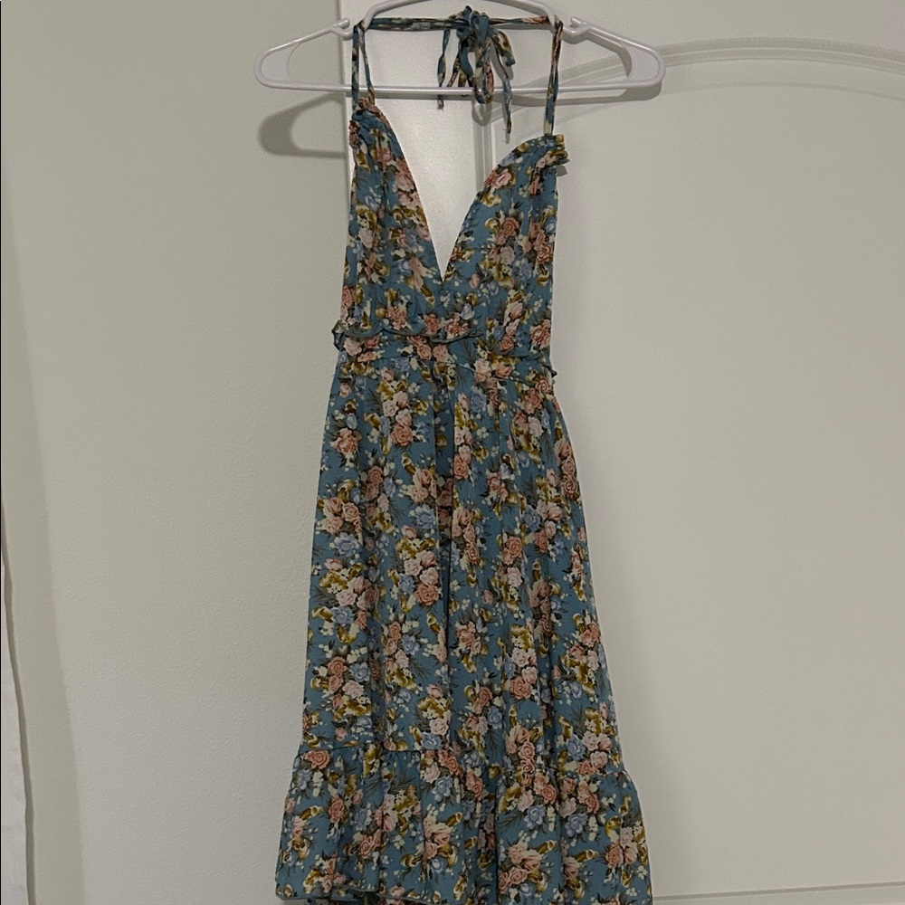 SHEIN Floral Halter Top Dress in Blue and Pink